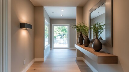 Modern hallway with natural light and decor