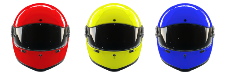set of yellow, red and blue motorcycle helmet isolated on transparent background, racing helmet generative ai
