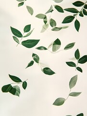 Naklejka premium Floating green leaves against a pristine white backdrop