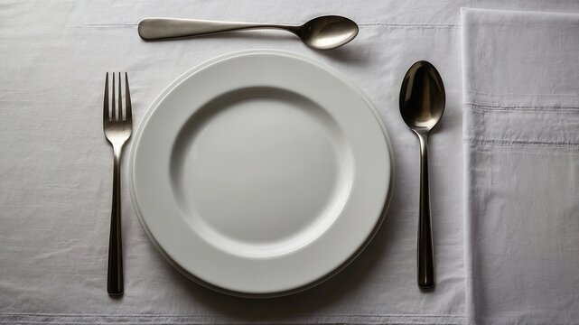 Mesa de comedor elegante con plato blanco, cubiertos y vasos de agua sobre un mantel blanco impecable.