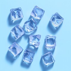 Frozen ice cubes on a periwinkle blue background