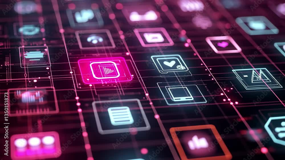 Poster digital icons and data processing create a vibrant grid in modern technology landscape, digital icon