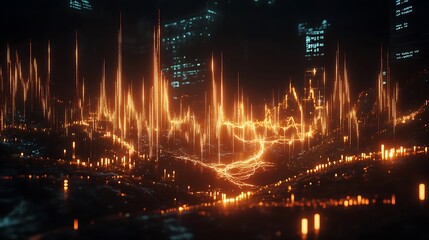 Obraz premium Futuristic city landscape with glowing data streams
