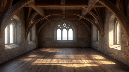 An empty medieval-style room with large arched windows and wooden beams, illuminated by sunlight.