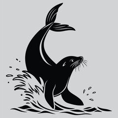 a sea lion flipping in water silhouette vector design art and illustration