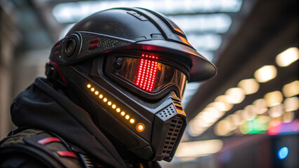 futuristic helmet with LED lights, showcasing sleek design and cyberpunk aesthetics, evokes sense of advanced technology