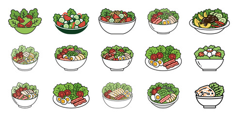 Salad icons collection. Specially prepared vectors for mixed, chef, Greek, garden and fruit salads.