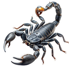 Realistic scorpion with detailed exoskeleton, pincers, and stinger, isolated on transparent background

