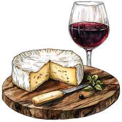 Watercolor illustration of soft cheese with a slice cut paired with red wine on a rustic wooden board.