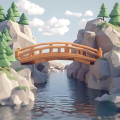 Low-poly landscape with a wooden bridge over a calm river
