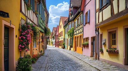 Obraz premium Charming Medieval Village Street with Flowers