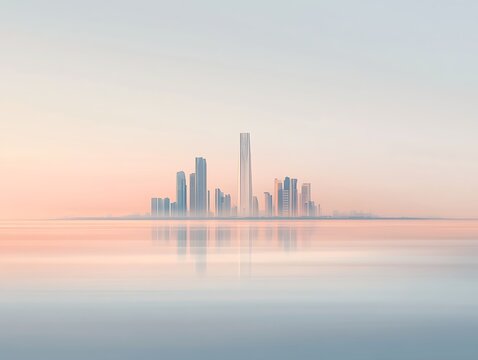 Calm city sunrise reflection.