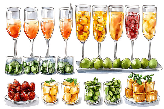 Watercolor illustration of a colorful array of fruit-filled champagne flutes and accompanying bowls of cut fruit and pastries.