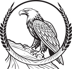 Vector illustration of an eagle perched on a branch with wings spread, in a simple black silhouette style, symbolizing wildlife and nature