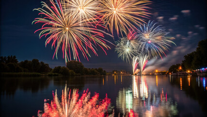Obraz premium Stunning fireworks illuminate night sky, reflecting beautifully on calm river surface, creating magical atmosphere