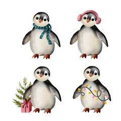 Adorable watercolor penguins with Christmas decorations, including a gift, scarf, earmuffs, tree, and festive lights on a white background