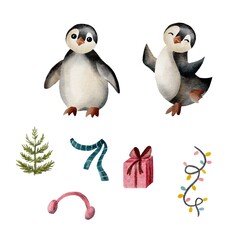 Adorable watercolor penguins with Christmas decorations, including a gift, scarf, earmuffs, tree, and festive lights on a white background