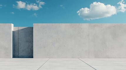 A minimalist scene showcasing a smooth concrete wall beneath a clear blue sky with a few fluffy clouds.