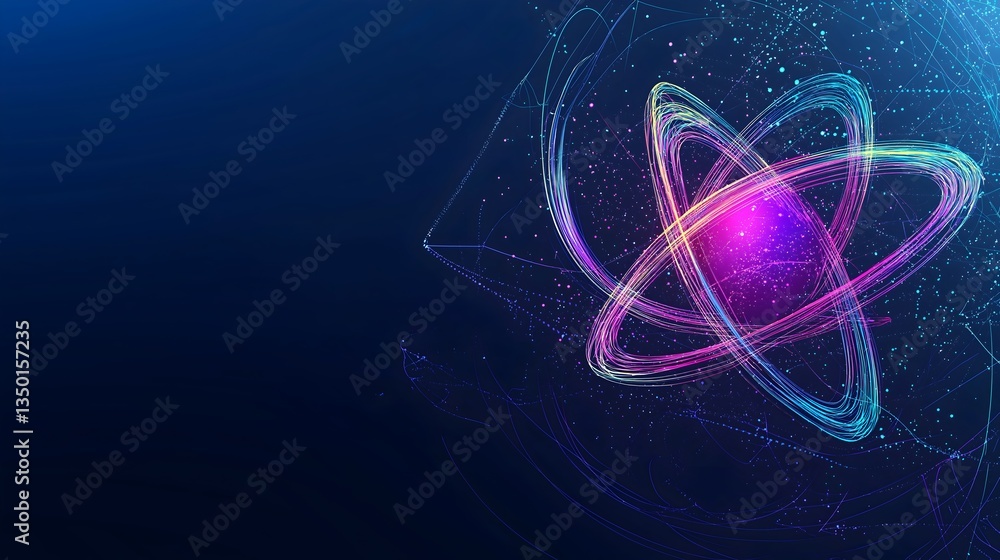 Poster atomic energy: an illuminated depiction of an atom against a backdrop of space, showcasing the intri
