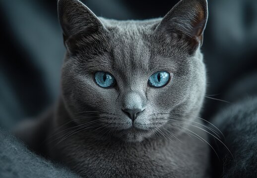 A close-up of a majestic gray cat with striking blue eyes, gazing intently, highlighting its soft fur and calm demeanor. - Powered by Adobe