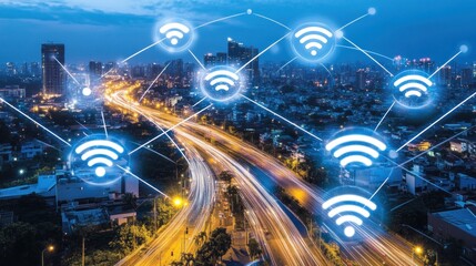 Fototapeta premium City Wi-Fi Network at Night