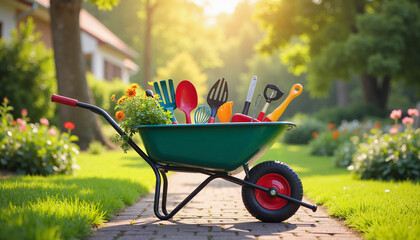 Colorful gardening tools in wheelbarrow on garden path, nurturing nature