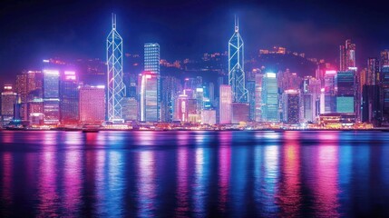 Fototapeta premium Hong Kong Skyline Neon Night Reflection