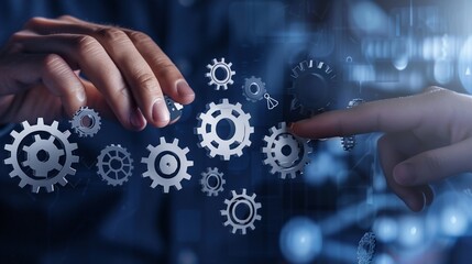 Hands adjusting gears, digital background, teamwork, technology, process