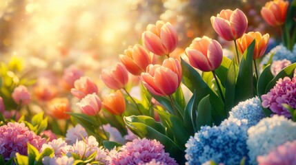 A sunlit tulip garden with warm golden light and vibrant flowers in bloom. Fresh, dreamy, and natural, capturing the essence of spring and renewal.