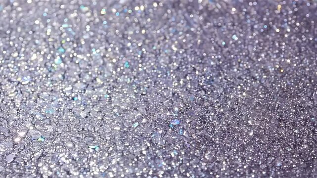 A close-up view of shimmering water droplets on a surface, reflecting light in various colors, creating a sparkling effect.