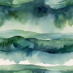 Fototapeta premium Landscape With Mountains and Clouds | Watercolor Background