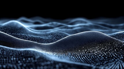 Digital Waves: An abstract digital depiction of undulating waves, created from countless tiny illuminated points of light, forming a mesmerizing, futuristic, and atmospheric visual. 