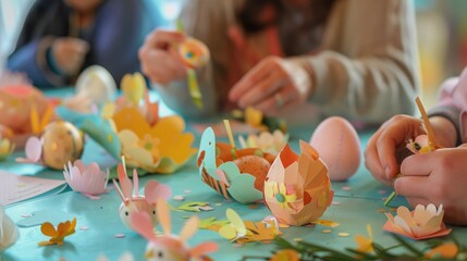 A charming Easter workshop scene with children and adults crafting handmade paper bunnies, egg decorations, and tiny chick figures, with pastel-colored paper scattered on the table