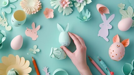 A charming scene of a hand arranging pastel-colored paper Easter eggs and bunny cutouts on a light blue craft table, with crafting supplies scattered around