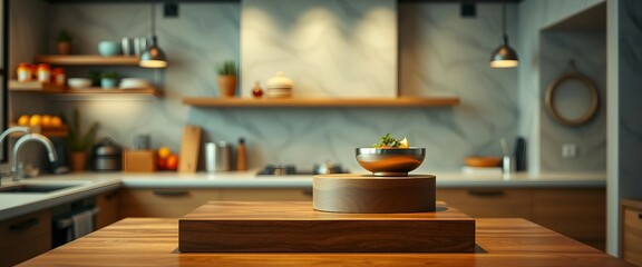 Kitchen podium background food product stand table pedestal display wooden platform Empty podium cou