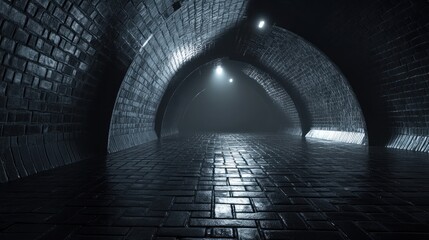 Dark tunnel interior, arched stone pathway, lit by lamps