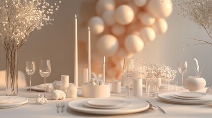 Elegant White Table Setting with Candles and Flowers