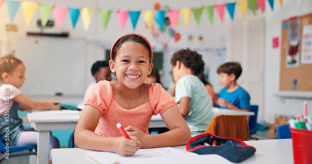 Poster writing, student and portrait with girl in classroom for education, future and youth. scholarship, a