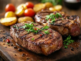 Grilled steaks, potatoes, tomatoes, rustic wood, dinner