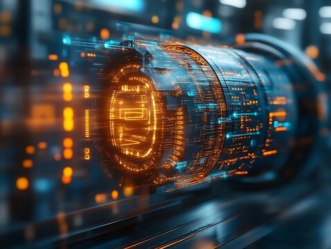 Futuristic digital data core spinning.