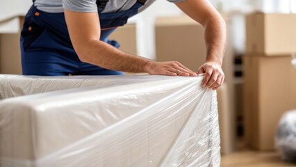 Wrapping furniture for protection during move, mover carefully secures plastic wrap around sofa, ensuring safety