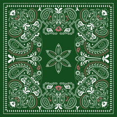 Western bandana with paisley pattern. Floral design for scarves, fabric, and textile backgrounds. retro bandanna print in green and red tones, featuring ethnic ornaments and abstract swirls.