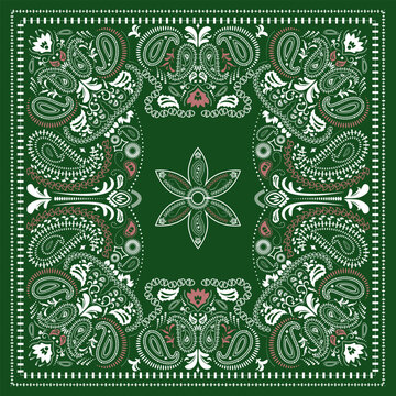 Western bandana with paisley pattern. Floral design for scarves, fabric, and textile backgrounds. retro bandanna print in green and red tones, featuring ethnic ornaments and abstract swirls.