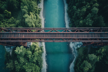 Fototapeta premium Massive steel bridge stretches across a wide river, symbolizing strength and modern engineering marvels