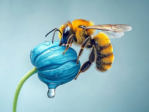 Bee pollinating blue flower for studio shot.