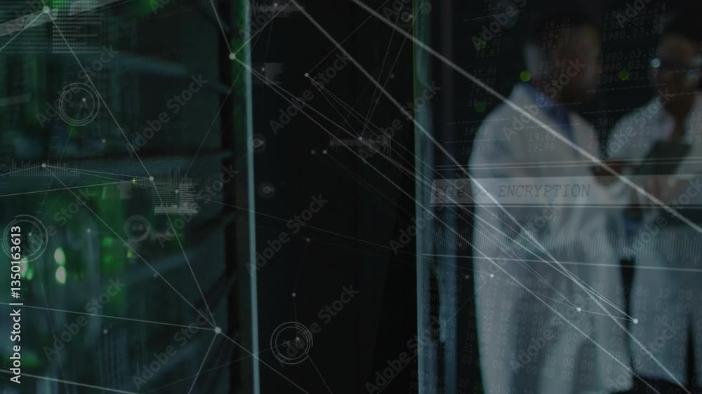 Poster network of connections and data processing animation over person in lab coat