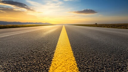 Naklejka premium Asphalt Road Extends to Sunset Horizon