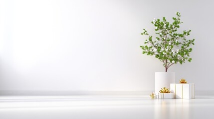 Obraz premium Simple, modern minimalist interior scene. Small potted tree with white blossoms and gold-wrapped gifts. Bright and clean, perfect for a home staging or product display