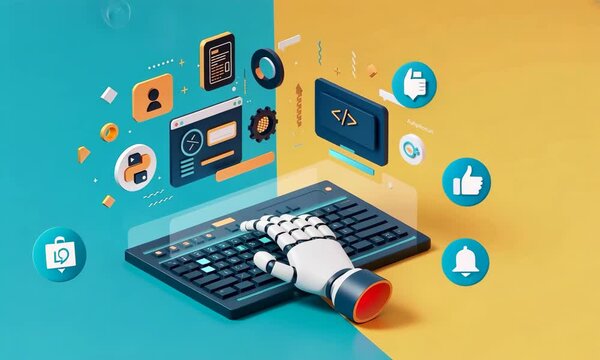 Robotic hand coding on keyboard split by teal and yellow background Various tech icons hover above
