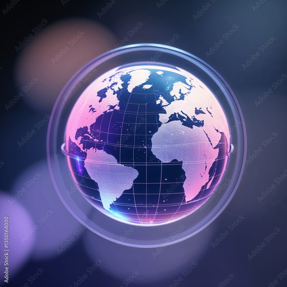 Poster representation of a digital globe showing continents and oceans illuminated with soft colors in a fu